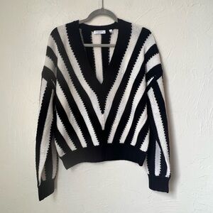 NWOT Equipment 100% Wool deep V neck black white striped sweater size S